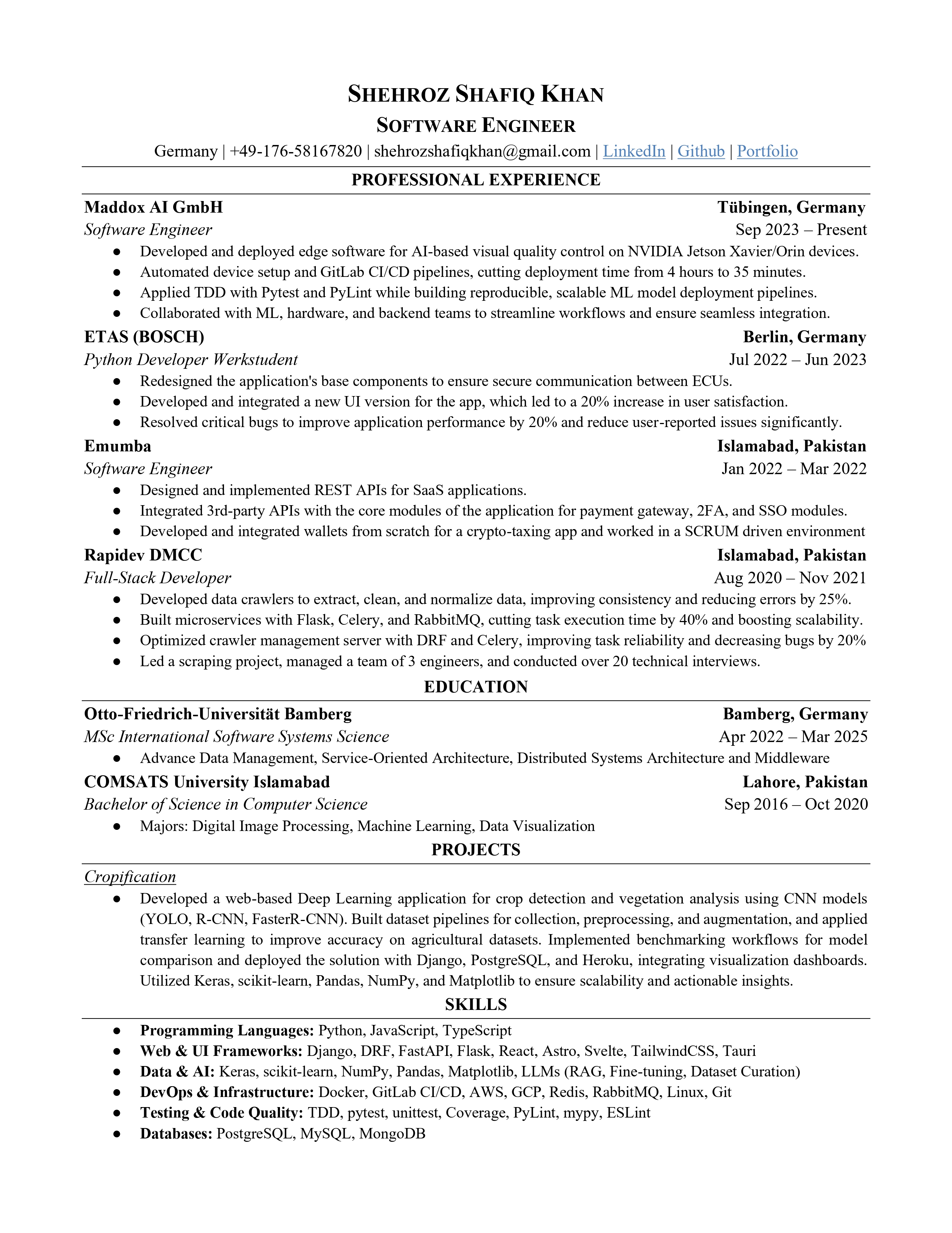 Résumé of Shehroz Khan